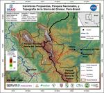 Mapa de Carreteras Propuestas, Parques Nacionales, y Topografía de la Sierra del Divisor, Perú-Brasil
